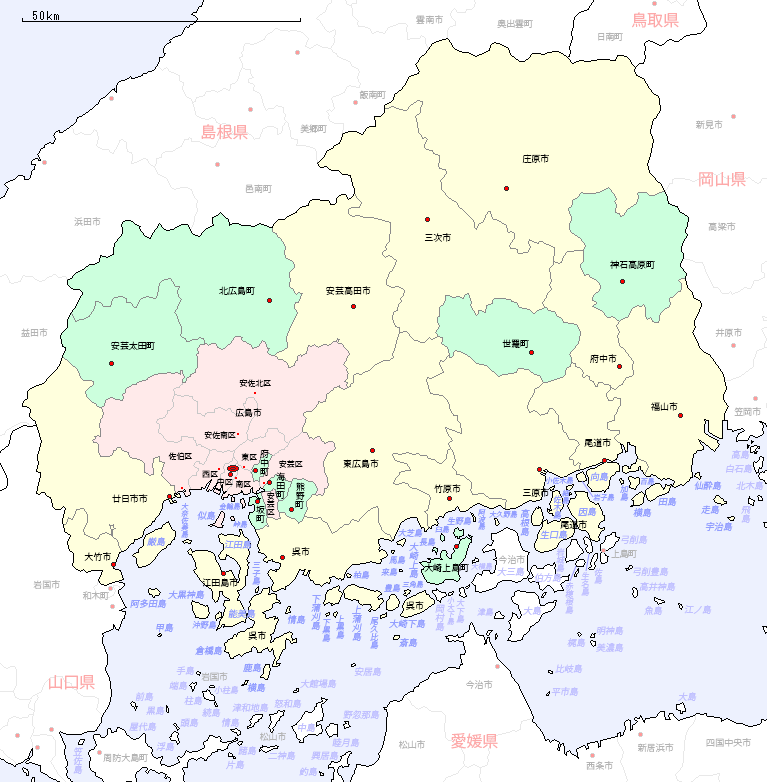 広島県の地図（市区町村区分図）