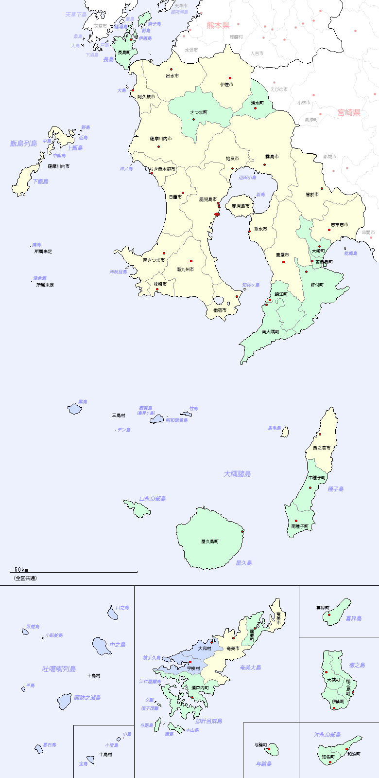 鹿児島県の地図（市区町村区分図）
