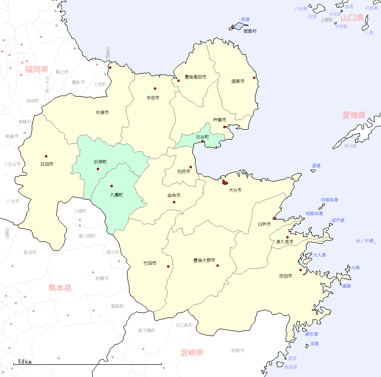 大分県の地図（市区町村区分図）