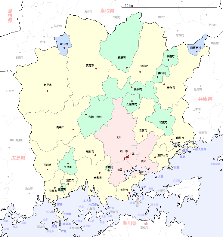 岡山県の地図（市区町村区分図）