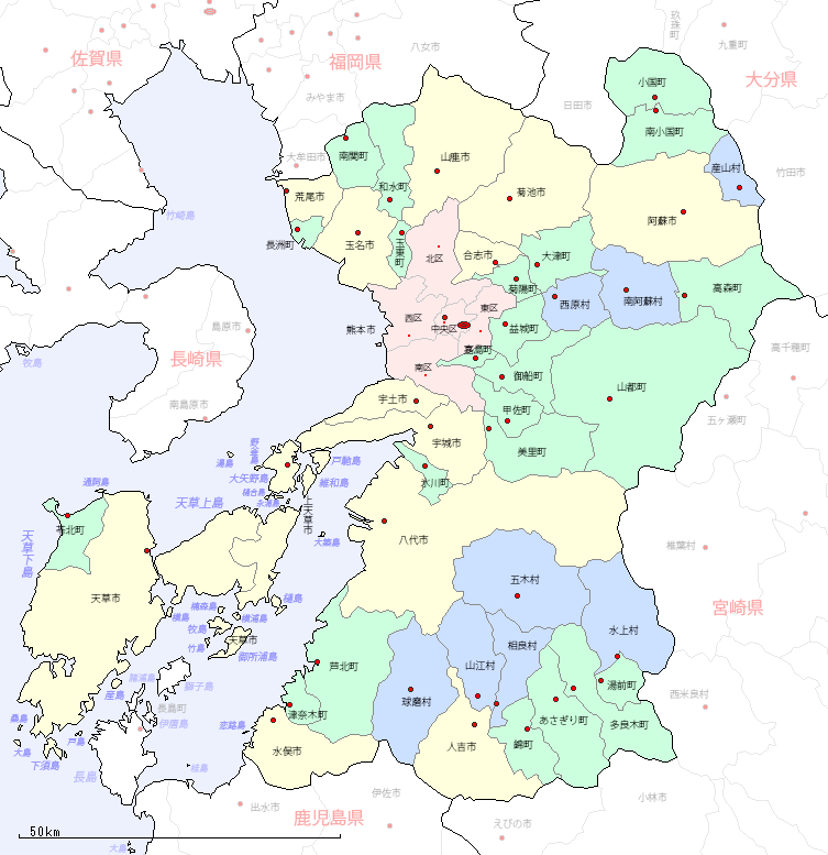 熊本県の地図（市区町村区分図）