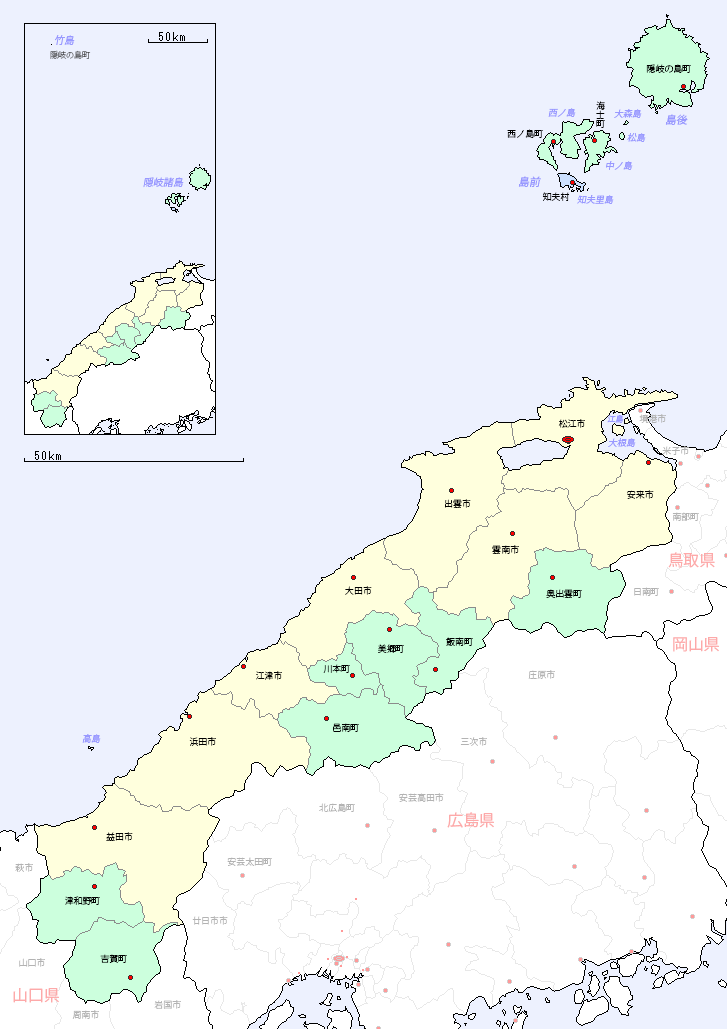島根県の地図（市区町村区分図）