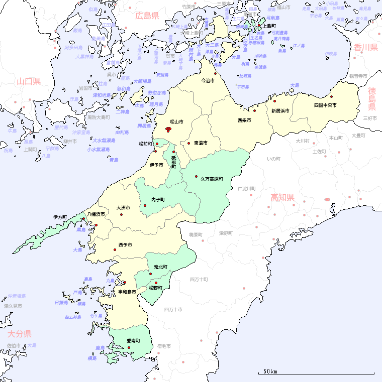 愛媛県の地図（市区町村区分図）