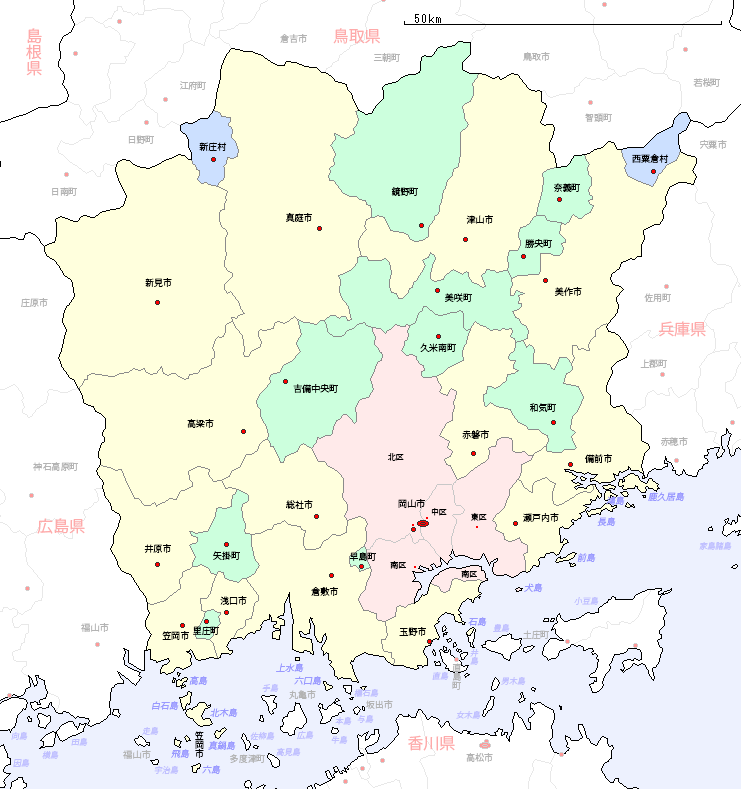 岡山県の地図 市区町村区分図
